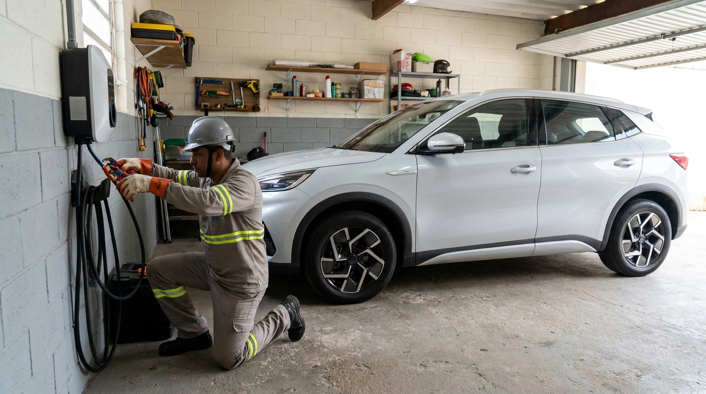 Eletricista instalando carregador de carro eletrico em Anápolis‑GO