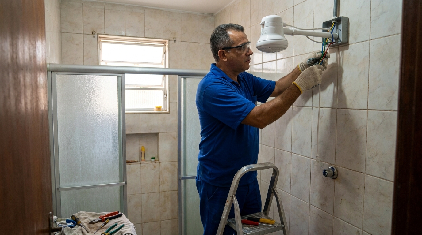 Eletricista instalando chuveiro eletrico em Anápolis‑GO