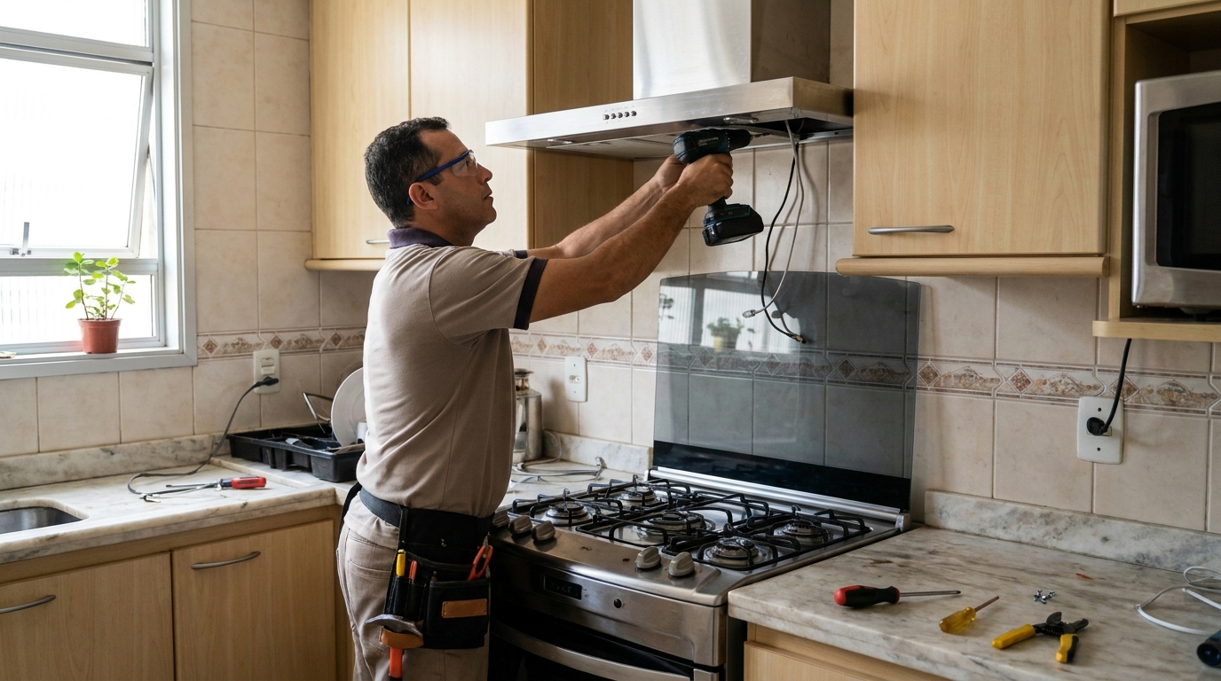Eletricista instalando coifa em Anápolis‑GO