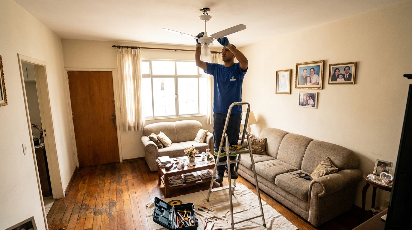 Eletricista instalando ventilador de teto em Anápolis‑GO